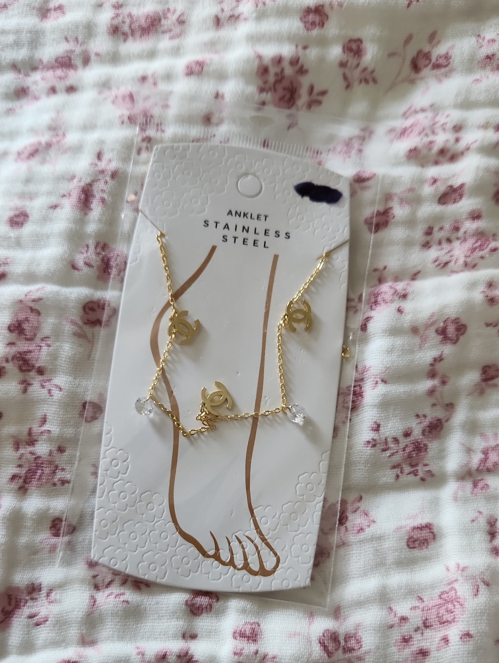 Gold Stainless Steel Anklet with Charm and Crystals